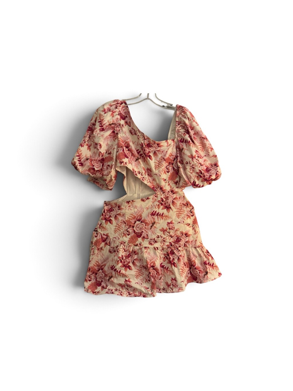 Hello Molly Cream One-Shoulder Mini Dress with Red Floral Print